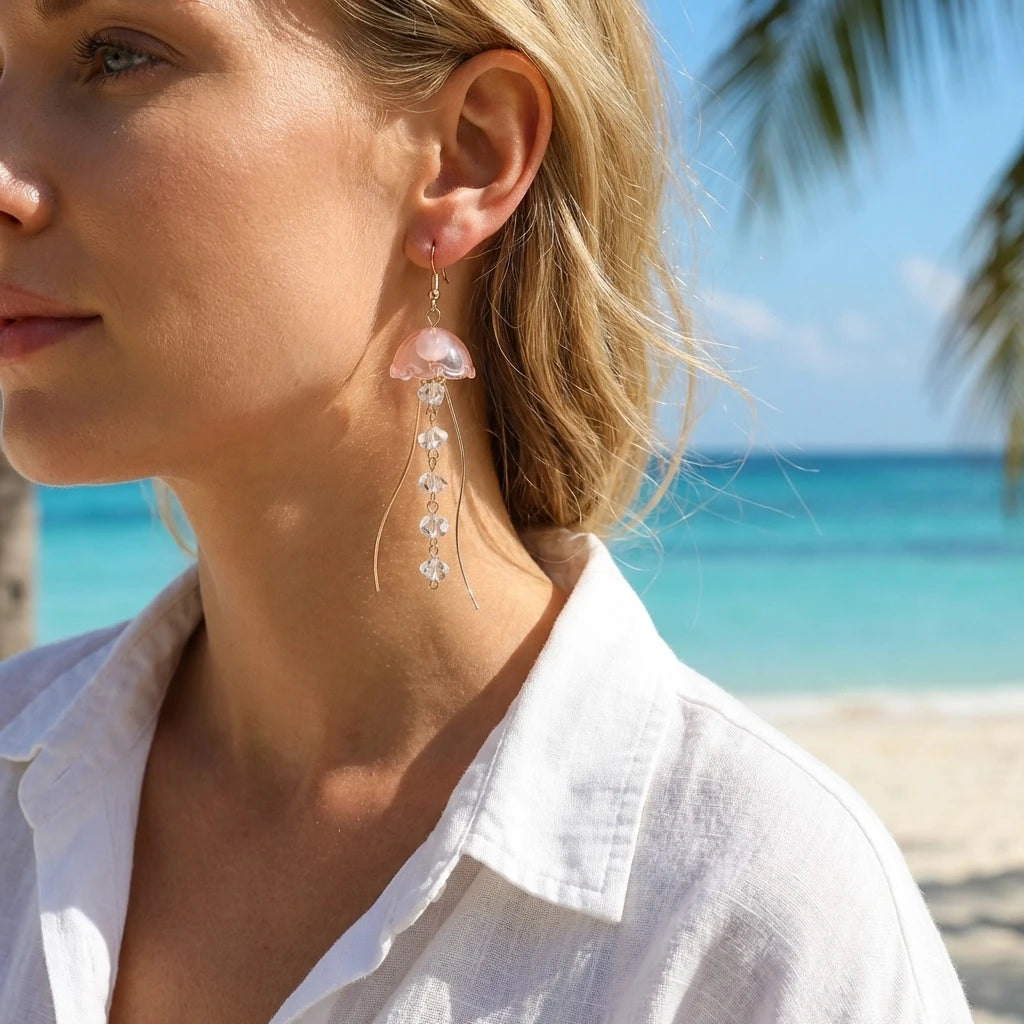 Boucles d'oreilles pendantes méduse colorées Mermaidcore pour femmes, bijoux de plage d'été en cristal ondulant avec tentacules d'animaux marins