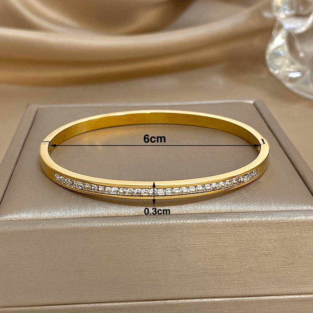 Glossy Rhinestone Stainless Steel Bangles Bracelets for Women Fashion Gold Silver Color Stacked Cuff Bracelet Jewelry Gifts