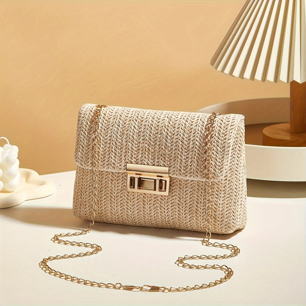 Sac à bandoulière tissé en paille pour femme, sac à bandoulière de couleur unie à la mode avec fermeture à loquet