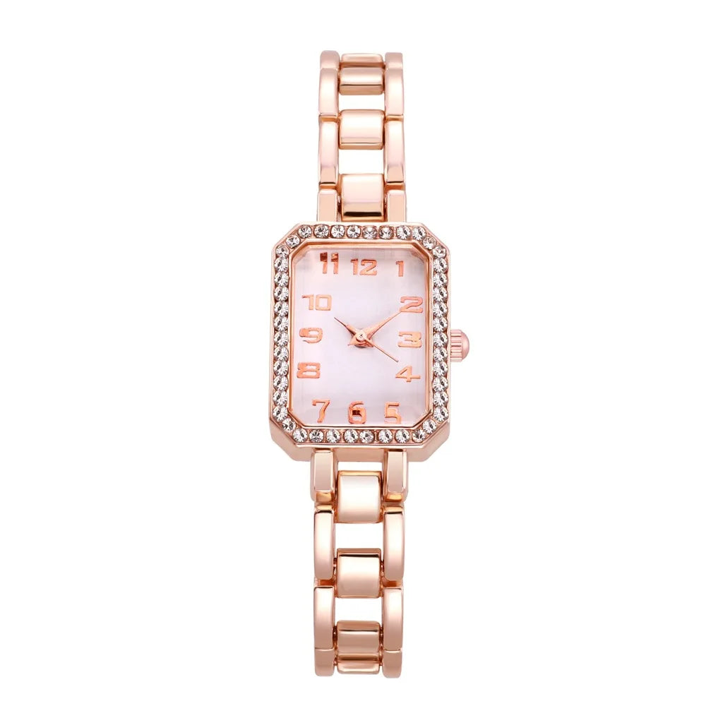 Montre de luxe pour femmes 2025 Nouvelle montre à quartz numérique à diamant complet et cadran carré simple, bracelet en acier inoxydable doré, horloge de robe pour femmes