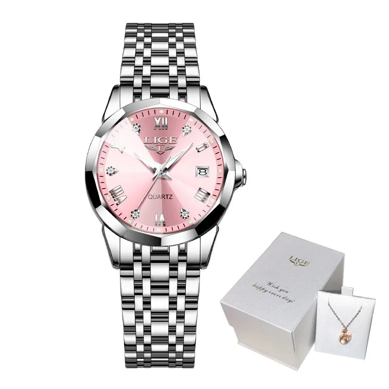 Montre-bracelet LIGE élégante ultra-fine de style nordique simple à mouvement quartz pour femme, bracelet en acier inoxydable tendance