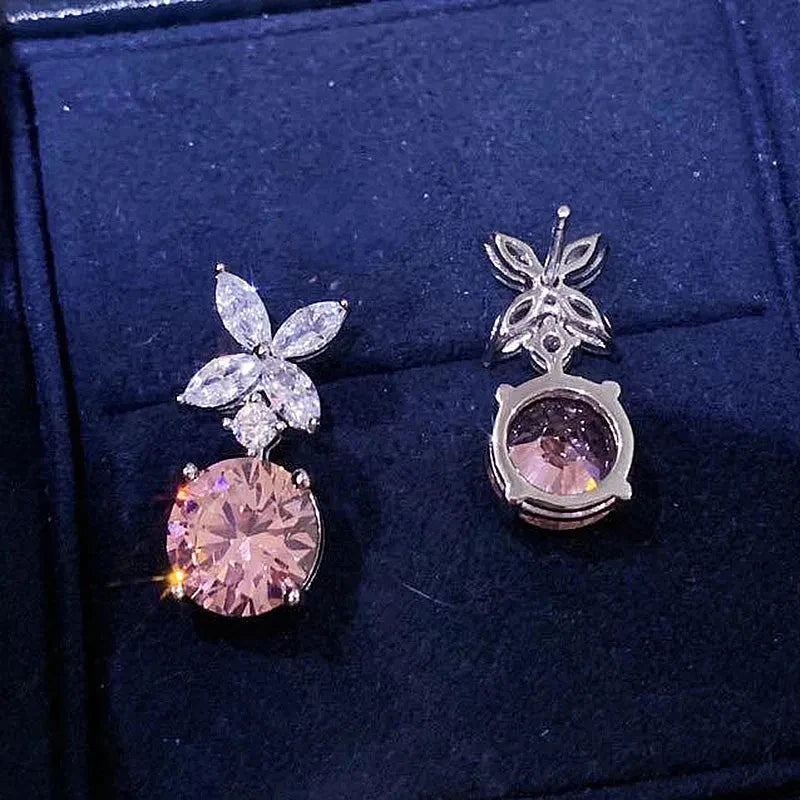 Huitan Exquisite Flower Dangle Earrings Pink Cubic Zirconia for Women Silver Color Temperament Sweet Accessories Fashion Jewelry