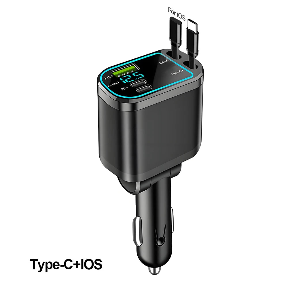 KEBIDUMEI M4 Chargeur de voiture rétractable 5-EN-1 Câble de charge rapide avec lumière étoilée Port USB PD Adaptateur d'alimentation Type-C Chargeurs de téléphone