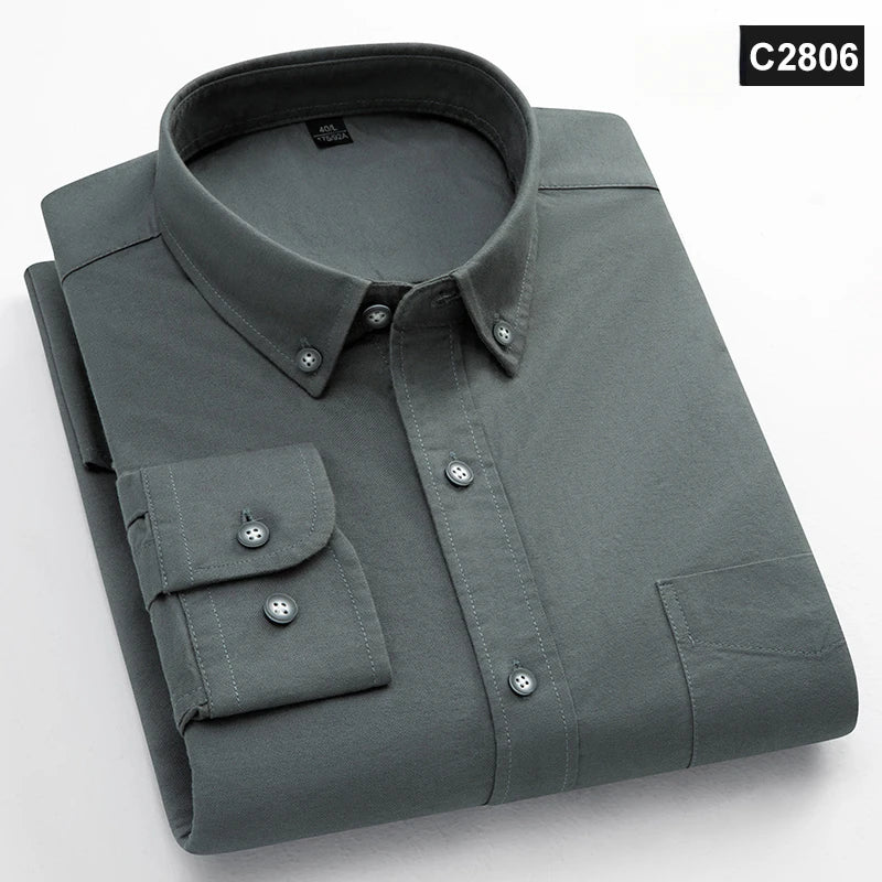 Chemise à manches longues 100 % coton pour homme, coupe classique, poche unique, coupe ajustée, haut décontracté, tissu Oxford doux, couleur unie, vêtements de bureau