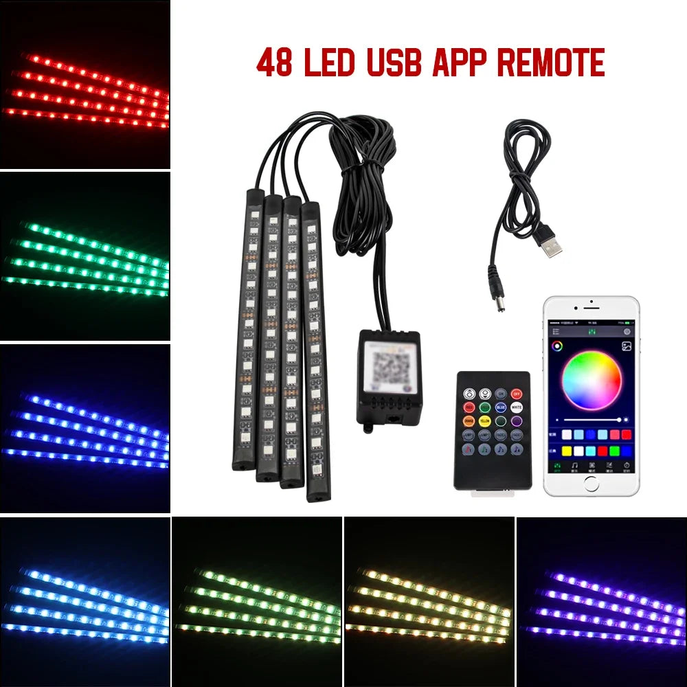Lampe d'ambiance LED pour voiture avec USB, télécommande sans fil, contrôle musical, modes multiples, lumières décoratives intérieures pour automobile