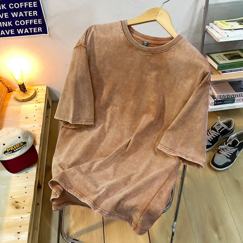 T-shirts Homme Femme Vintage Flocon de Neige Point Couleur Unie 100% Coton Manches Courtes Lavage à l'Eau Vieille Rue Hip Hop