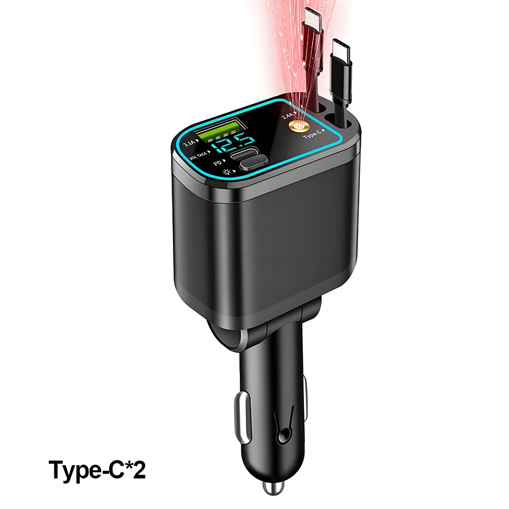 شاحن سيارة قابل للسحب من KEBIDUMEI M4 كابل شحن سريع 5 في 1 مع منفذ USB PD ضوء نجمي محول طاقة من النوع C شواحن هواتف