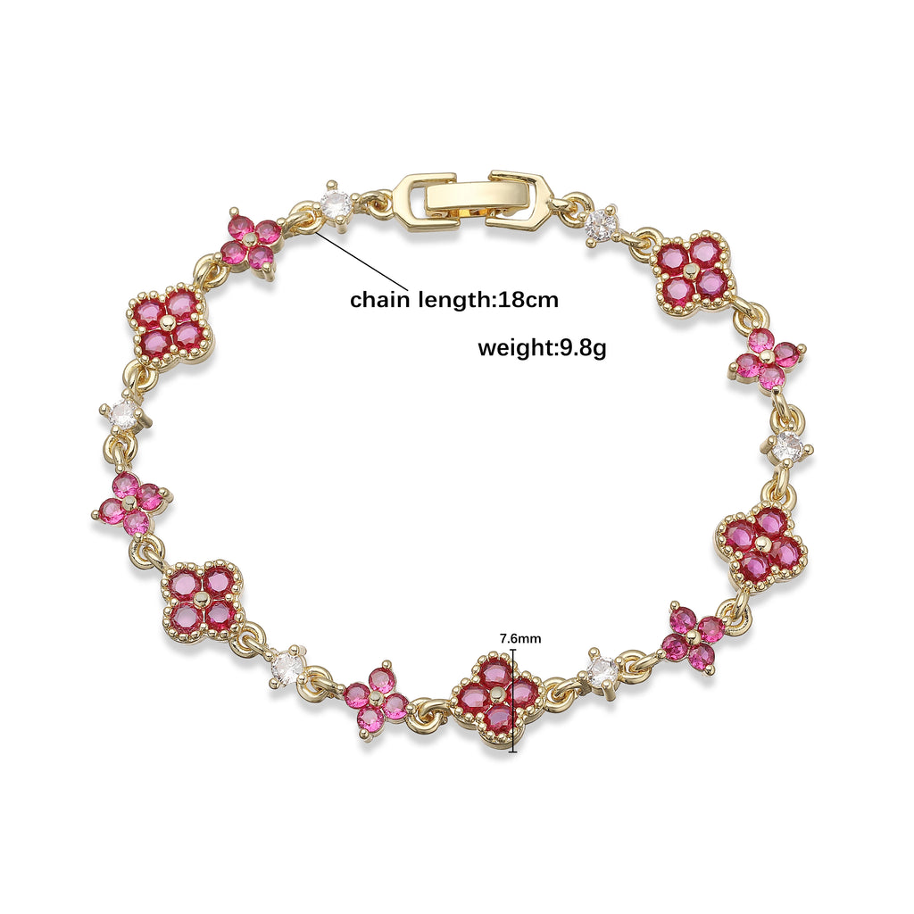 HECHENG,Four-Leaf Clover Multi-Color CZ Stone Pendant Chain Bracelet with Hook Clasp Design Women's Exquisite Minimalist Jewelry
