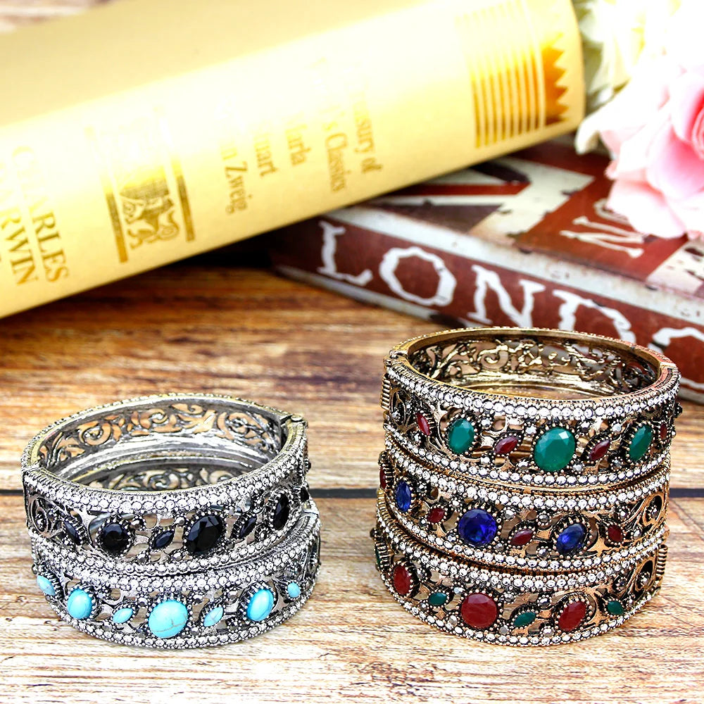 Bracelets Ronds en Résine avec Dinde Vintage pour Femmes Bijoux de Couleur Or Antique Manchette Bohème