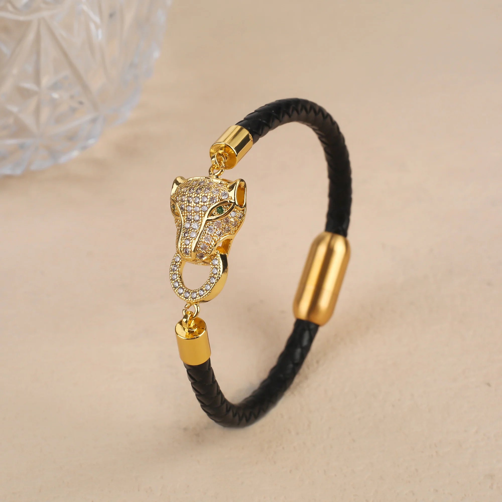 Bracelet Cordon Cuir Tressé Tête de Léopard Style Animal Bully Mode Homme Femme Bijoux Acier Inoxydable Zirconia Quotidien