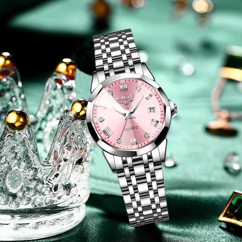 LIGE Elegant Ultrathin Nordic Simple Style Quartz Movement Women's Wristwatch Fashion Stainless Steel Bracelet Belt Woman Watch