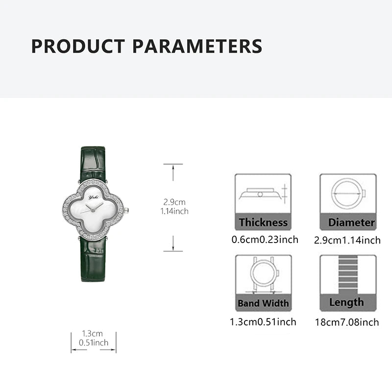 A women's modern minimalist four-leaf clover forest-style green PU leather quartz watch that brightens the skin tone