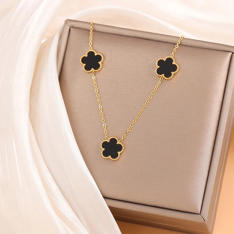 Collier en Acier Inoxydable Plaqué Or 14 Carats pour Femme, Pendentif Double Face Cinq Pétales de Fleur, Bijou Trèfle