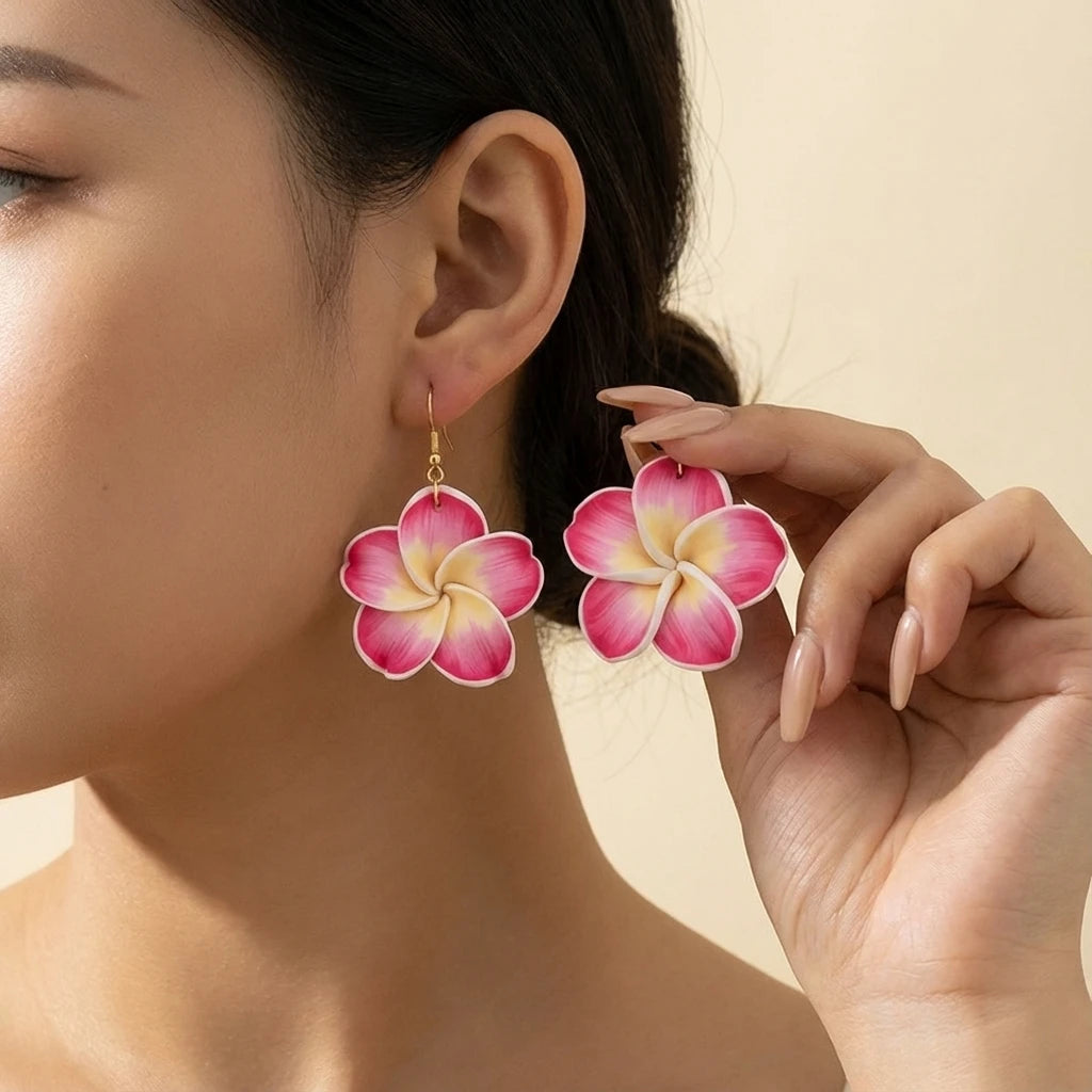 Boucles d'oreilles pendantes bohèmes hawaïennes en fleurs de frangipanier pour femmes en argile polymère blanche et rose, bijoux d'été pour la plage, cadeau de vacances