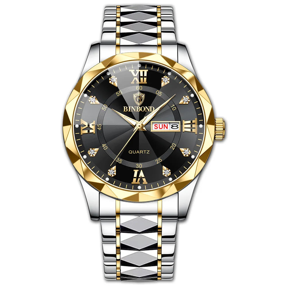BINBOND Montre homme Acier inoxydable Qualité supérieure Luxe Fermoir caché à bouton poussoir Étanche Lumineuse Date Semaine Montres de sport