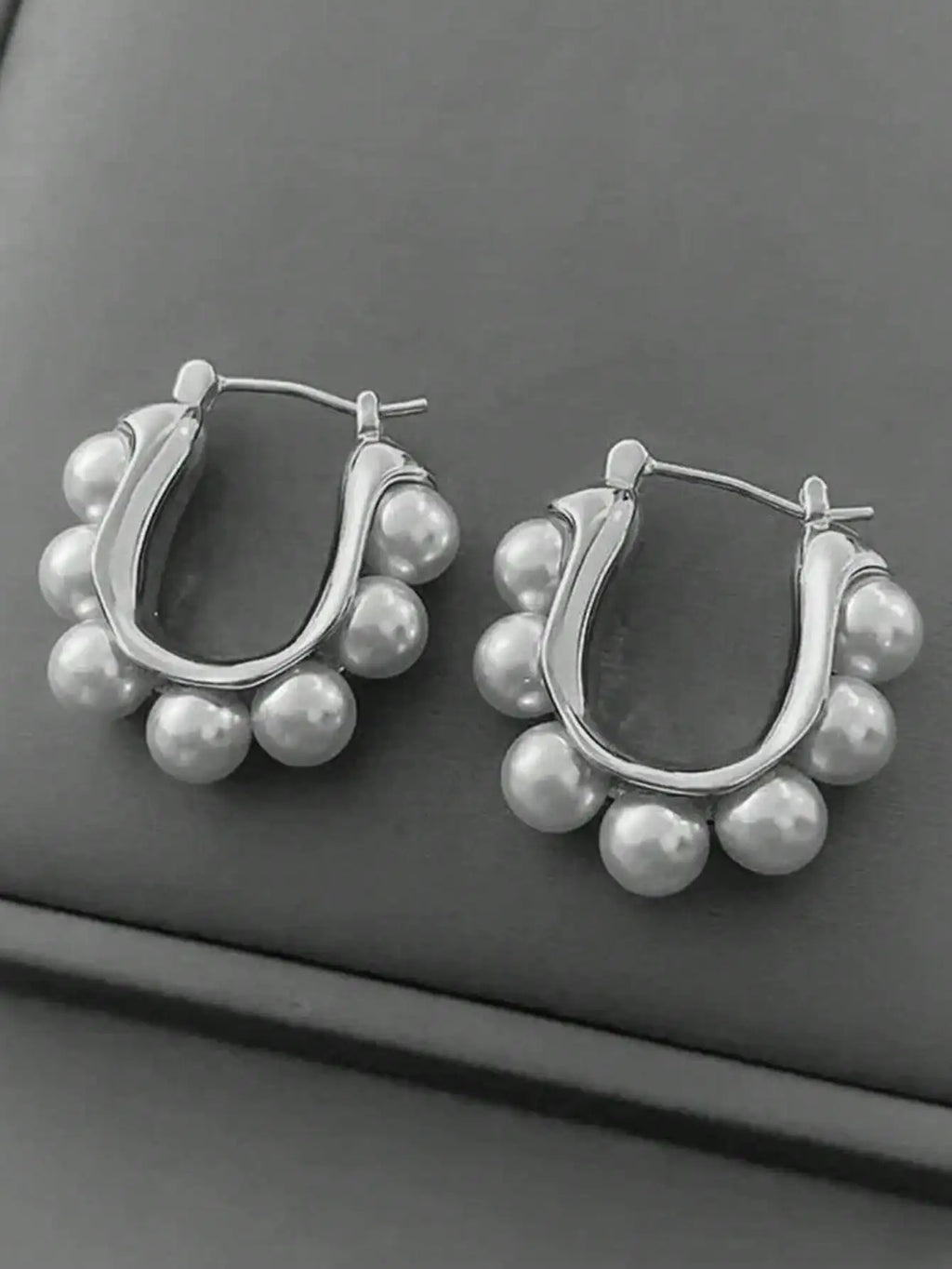 Gold-Tone U-Shape Hoop Earrings with Faux Pearl Cluster Design