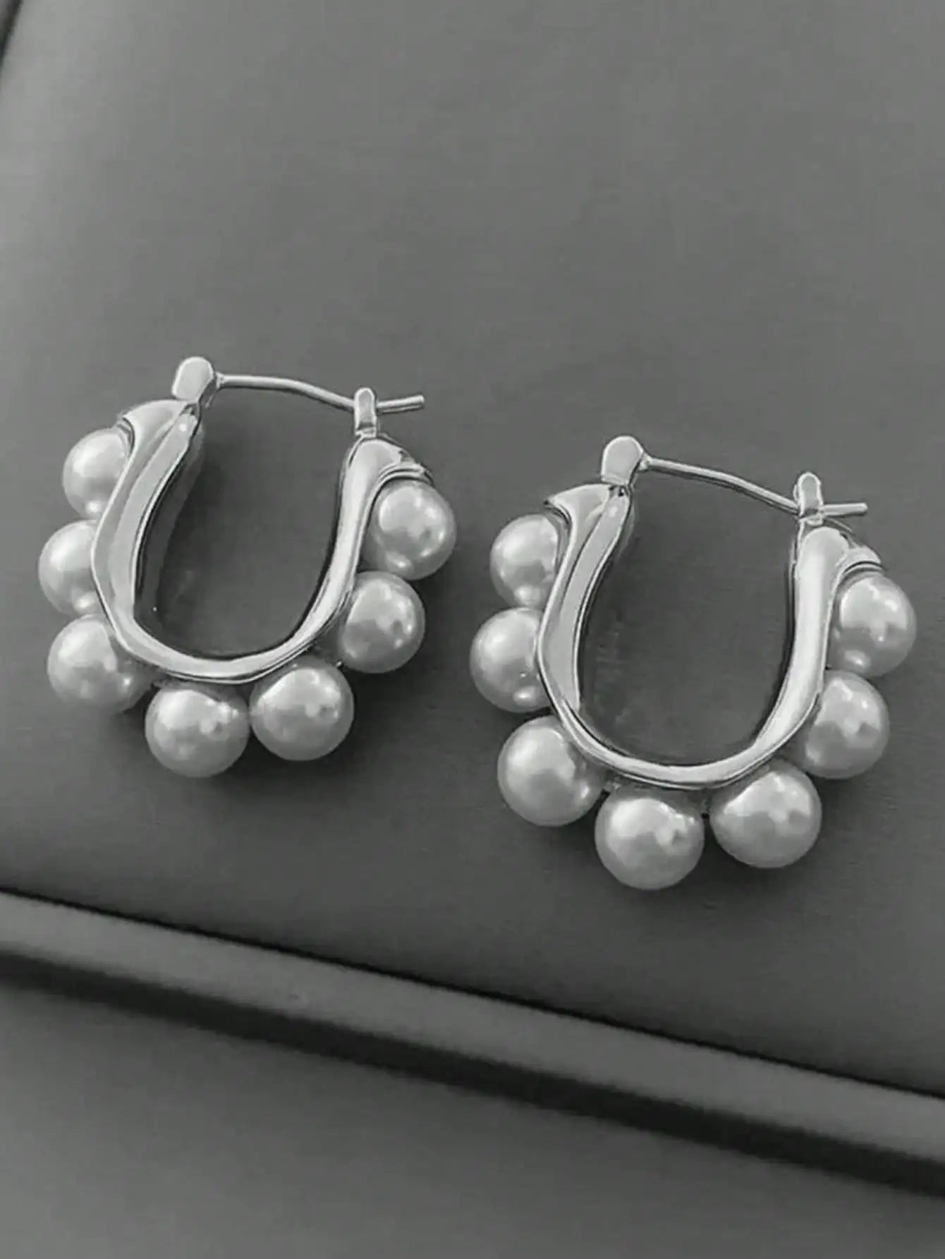Gold-Tone U-Shape Hoop Earrings with Faux Pearl Cluster Design
