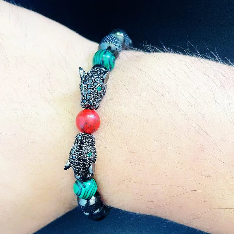 Bracelet Homme Perles en Acier Inoxydable Luxe Têtes de Léopard Royales Breloques Bijoux Cadeau Garçon