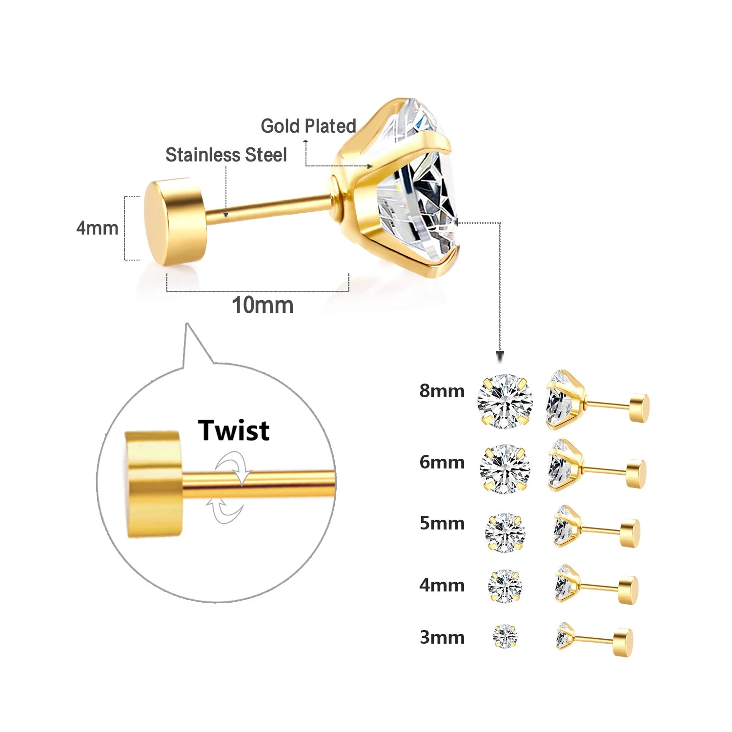 LUXUSTEEL 1 paire/2 pièces Boucles d'oreilles clous en acier inoxydable cristal pour femmes hommes 4 griffes Tragus rond clair Zircon cubique Bijoux d'oreille