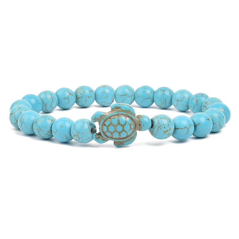 Bracelet perles tortues de mer 8 mm Turquoise Pierre Naturelle Élastique Extensible Femmes Hommes Amitié Bijoux d'Été Plage Cadeaux