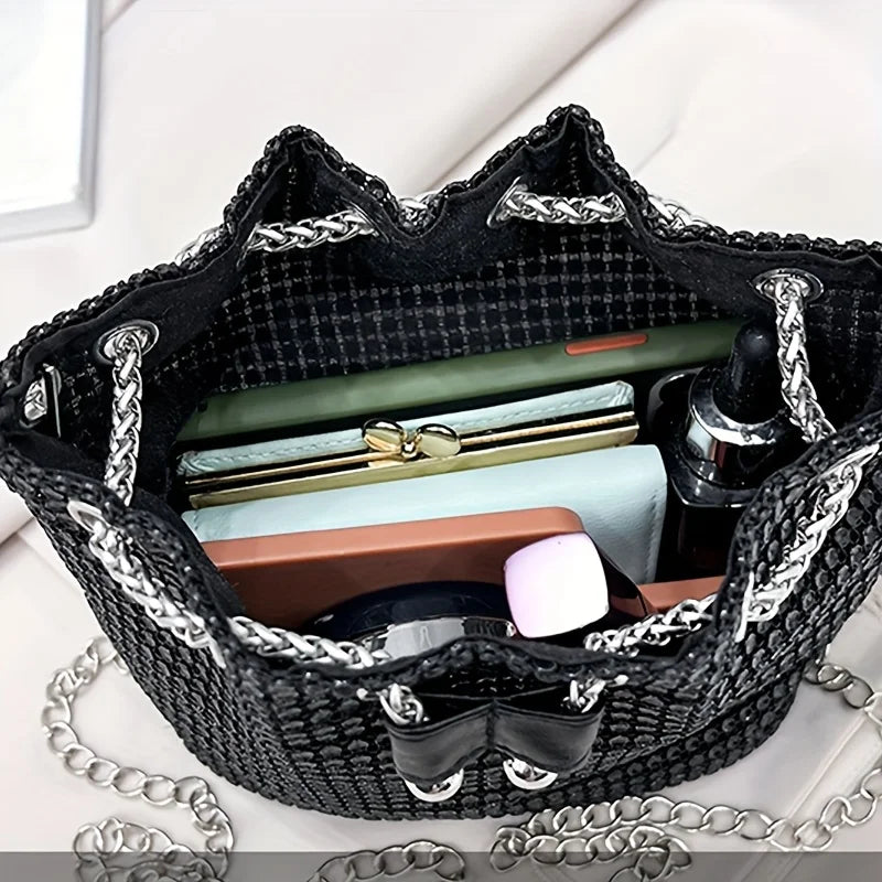 Sac bandoulière seau pour femme, brillant, avec cordon de serrage, multi-fonctionnel, disponible en 5 couleurs : vert, doré, argenté, noi