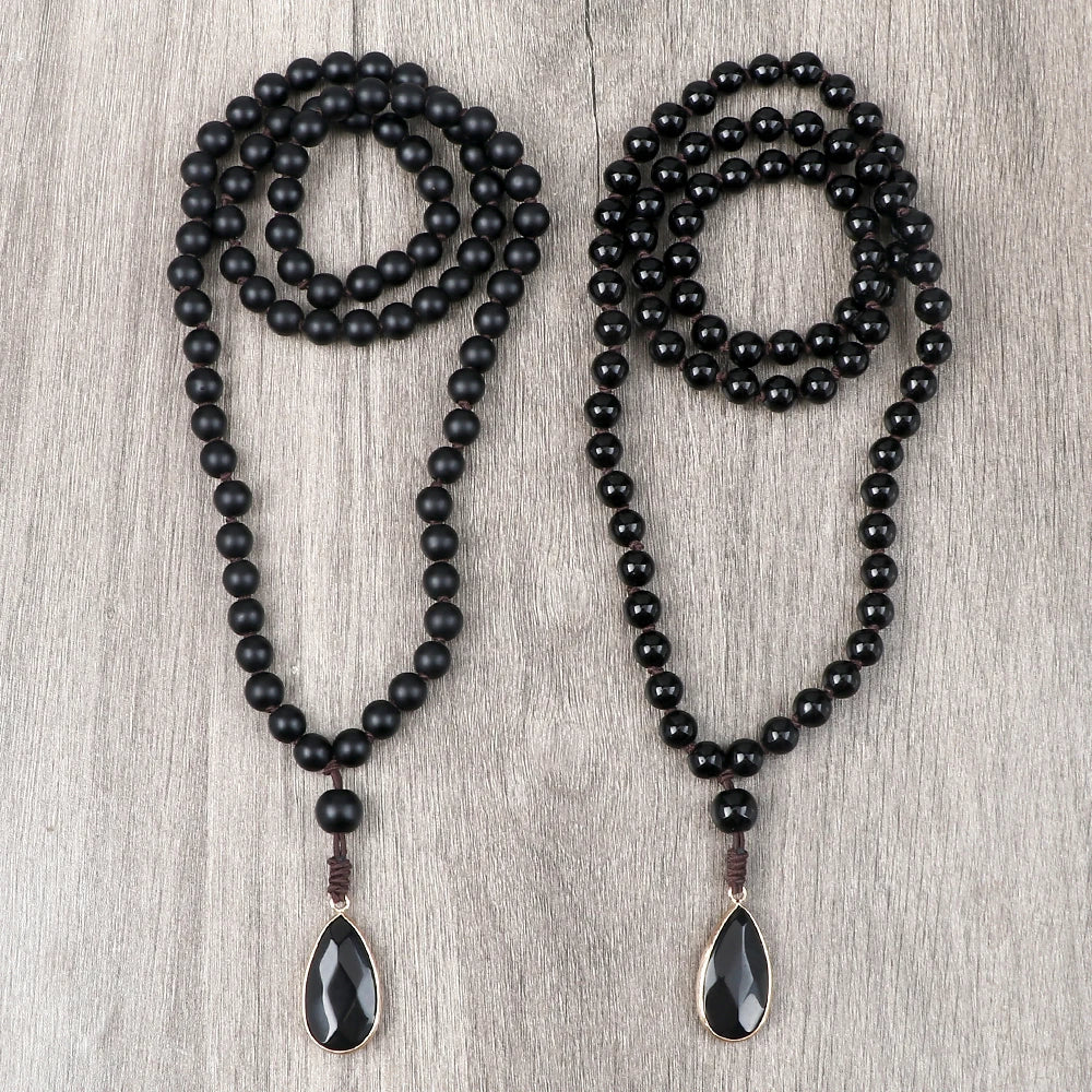Collier pendentif goutte pour homme, fait à la main, perles d'onyx noir mat et brillant de 8 mm, collier chapelet pour femme, bijoux de yoga et de méditation, cadeaux