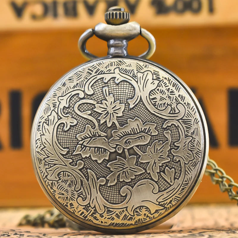 Steampunk Vintage Bronze Elk Carved Quartz Pocket Watch Necklace Pendant Clock Chain Men Women Chain Gift