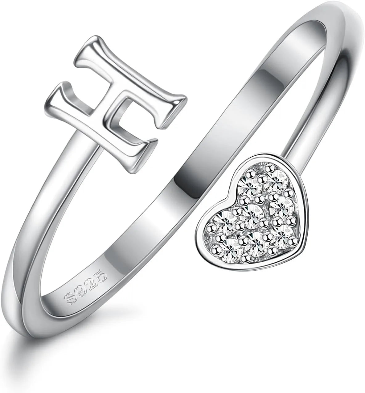 Fansilver Bagues initiales en argent sterling 925, bagues empilables réglables en forme de cœur, jolies bagues alphabétiques en forme de cœur, cadeau pour elle