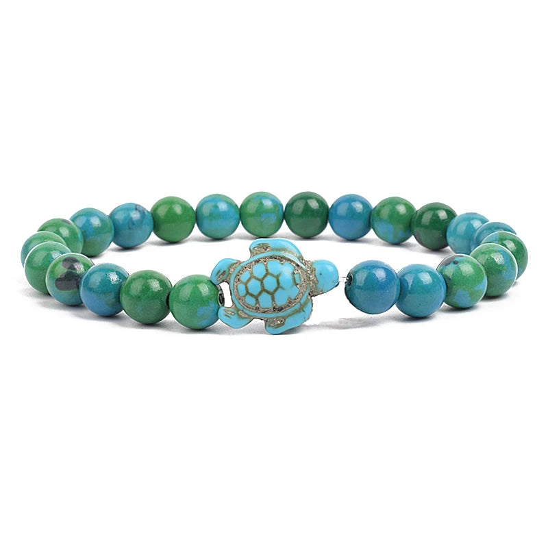 Bracelet perles tortues de mer 8 mm Turquoise Pierre Naturelle Élastique Extensible Femmes Hommes Amitié Bijoux d'Été Plage Cadeaux