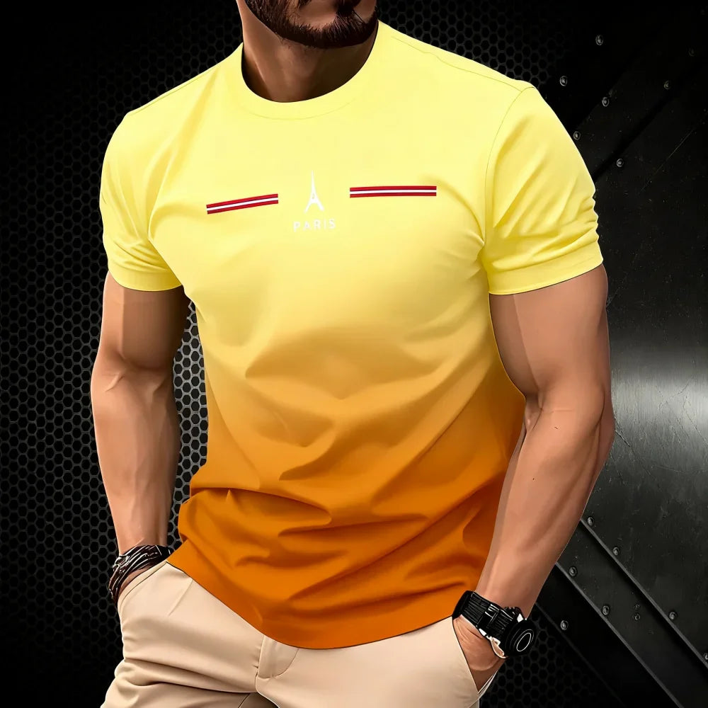 T-shirt homme d'été dégradé 3D simple avec impression Paris, vêtement décontracté, coupe oversize, col rond, manches courtes, pour le sport