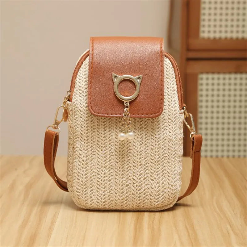 Sac à bandoulière tissé en paille pour femme, sac à bandoulière de couleur unie à la mode avec fermeture à loquet