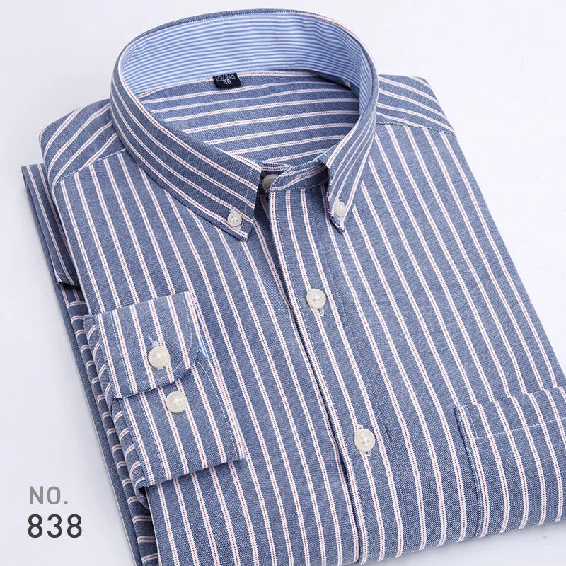 Chemise décontractée à manches longues en oxford à rayures et carreaux pour homme, confortable, respirante, à col boutonné, coupe ajustée, pour affaires