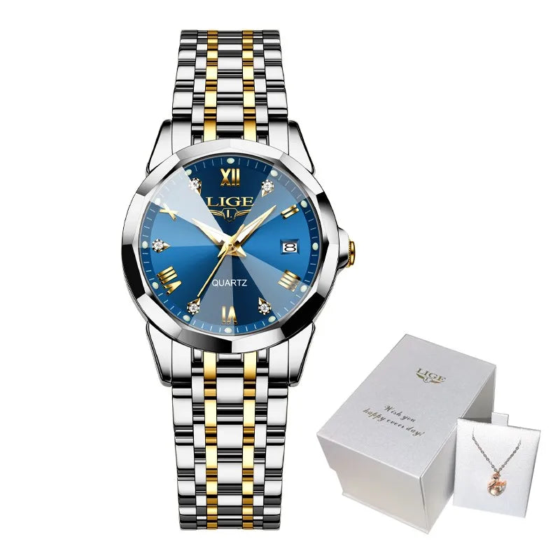 Montre-bracelet LIGE élégante ultra-fine de style nordique simple à mouvement quartz pour femme, bracelet en acier inoxydable tendance