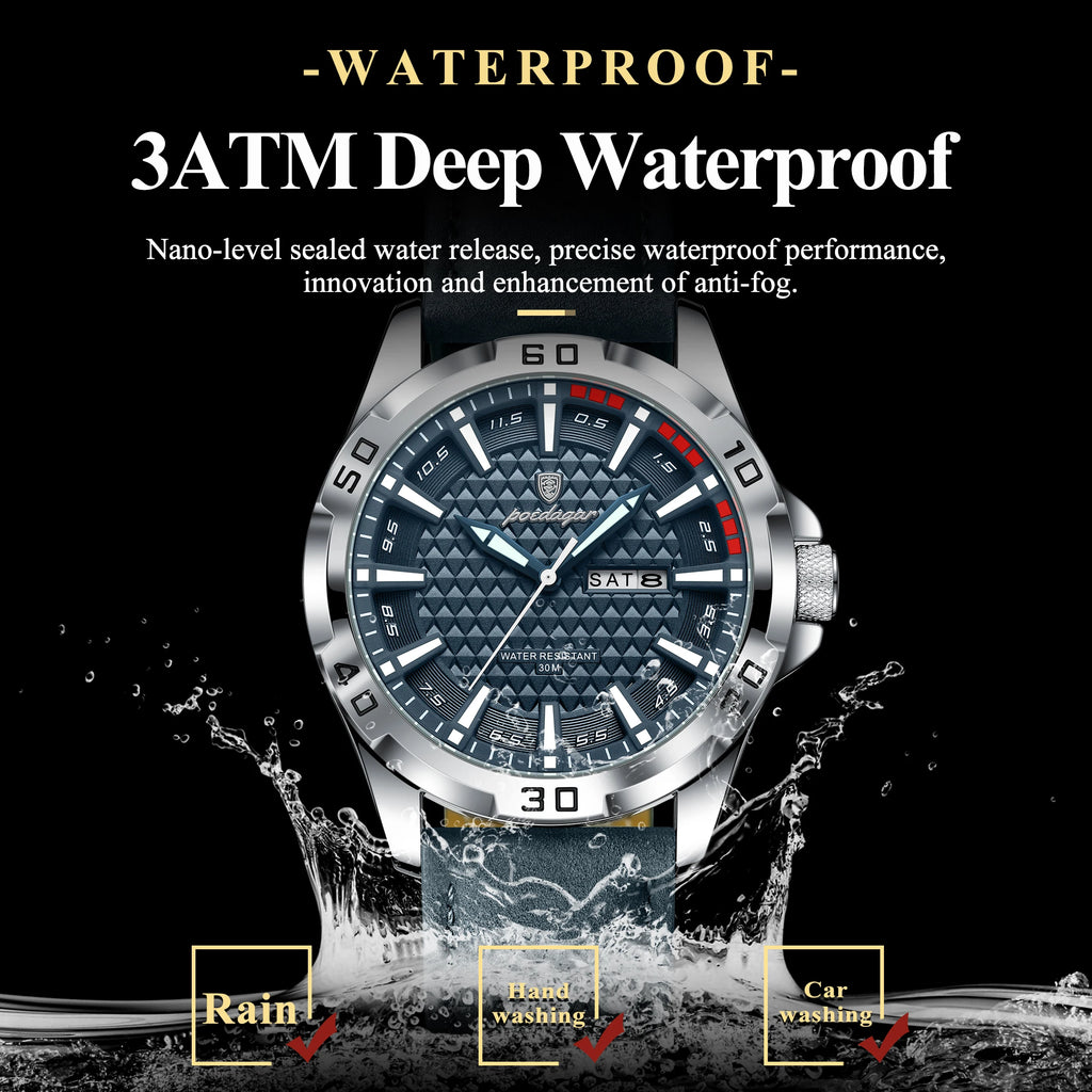 POEDAGAR Original Man Wristwatch Top Luxury Waterproof Luminous Date Week Watch For Men Quartz Sport Leather Men's Watches Reloj