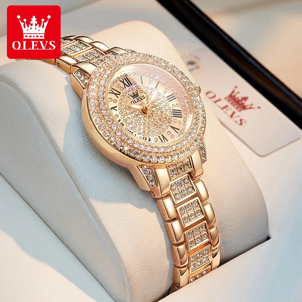 OLEVS 9943 Montre à Quartz Originale Entièrement Sertie de Diamants pour Femme Acier Inoxydable Or Rose Étanche Élégante Luxe Haut de Gamme Montre-Bracelet pour Dames