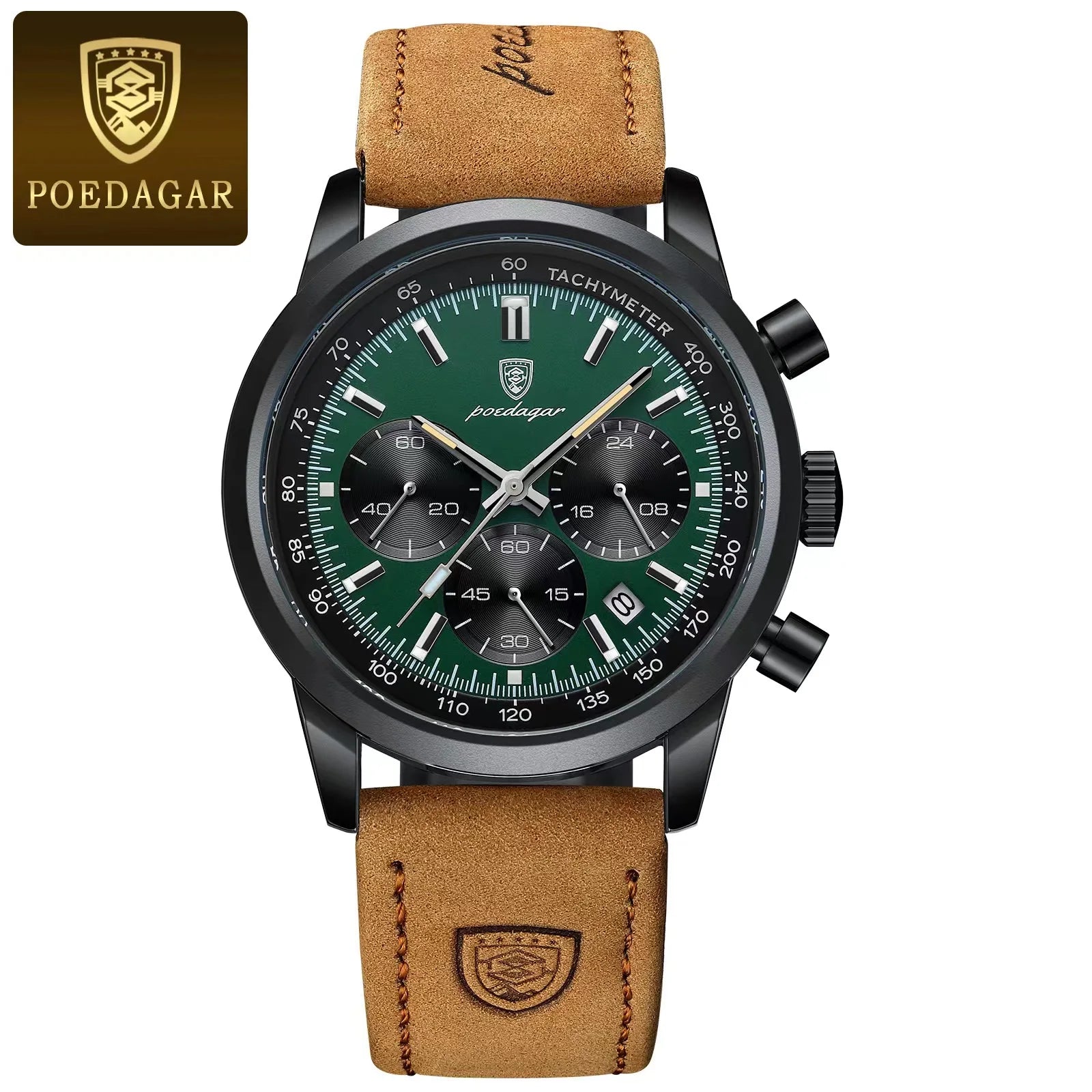 POEDAGAR Montre homme étanche avancée avec calendrier, veilleuse, chronomètre, montre homme en cuir de luxe et de mode