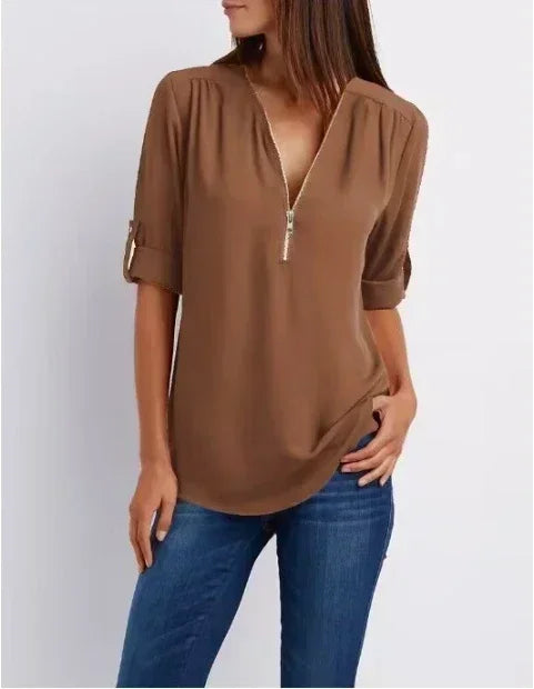 Chemise ample d'été pour femmes Col en V profond Blouse en mousseline Décontracté Tops pour femmes Sexy Fermeture éclair Pull Grande taille Manches longues Tendance