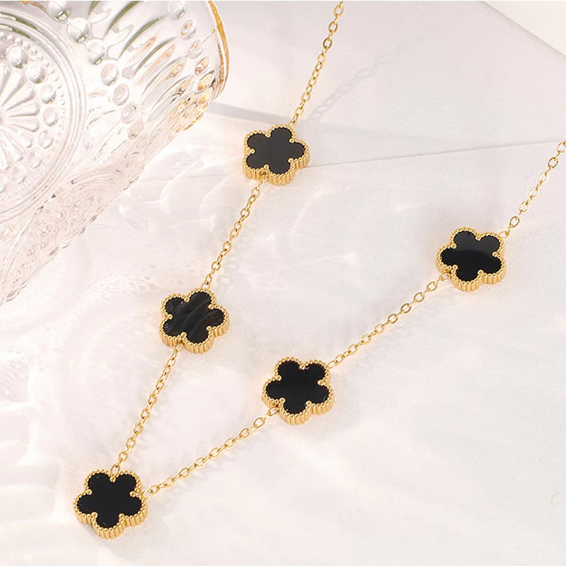 Collier en Acier Inoxydable Plaqué Or 14 Carats pour Femme, Pendentif Double Face Cinq Pétales de Fleur, Bijou Trèfle