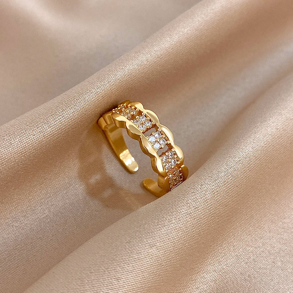 Bracelet et bague manchette multicouche de luxe en zircon micro-incrusté pour femmes, bracelets et bagues en cuivre plaqué or élégants, bijoux de mode