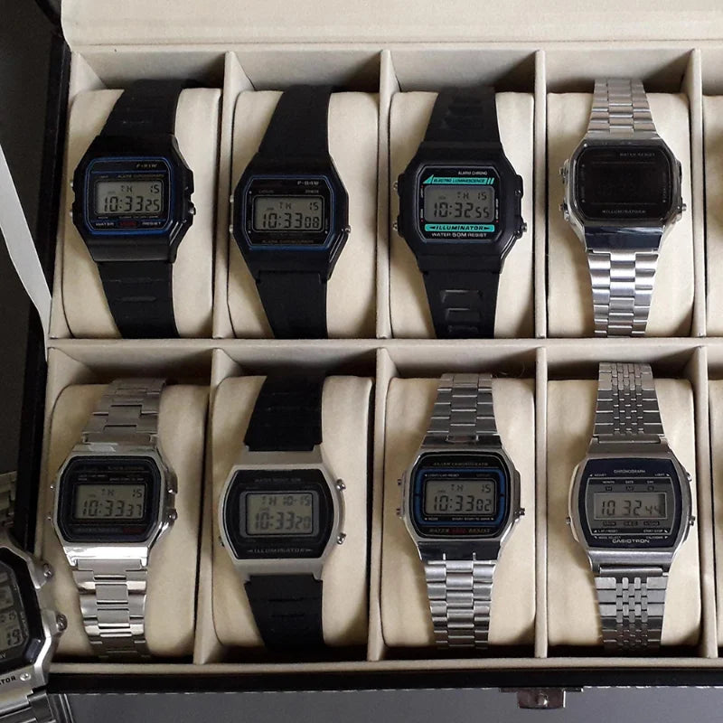 Montres de luxe en or et argent pour hommes et femmes, montres-bracelets numériques LED militaires, montres électroniques rétro F91W avec bracelet en acier
