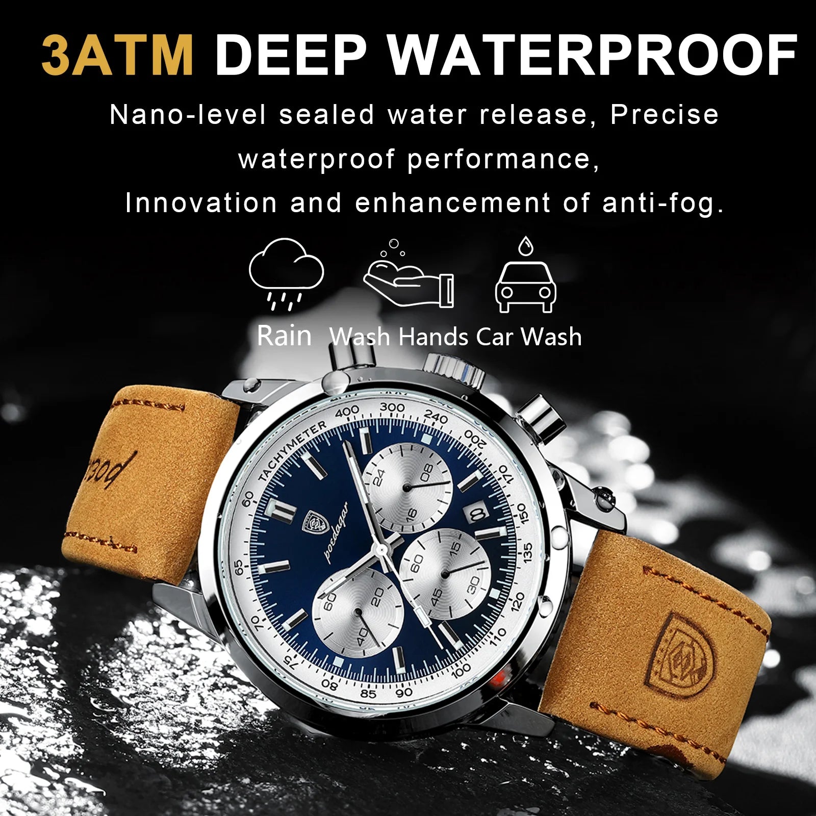 POEDAGAR Montre homme étanche avancée avec calendrier, veilleuse, chronomètre, montre homme en cuir de luxe et de mode