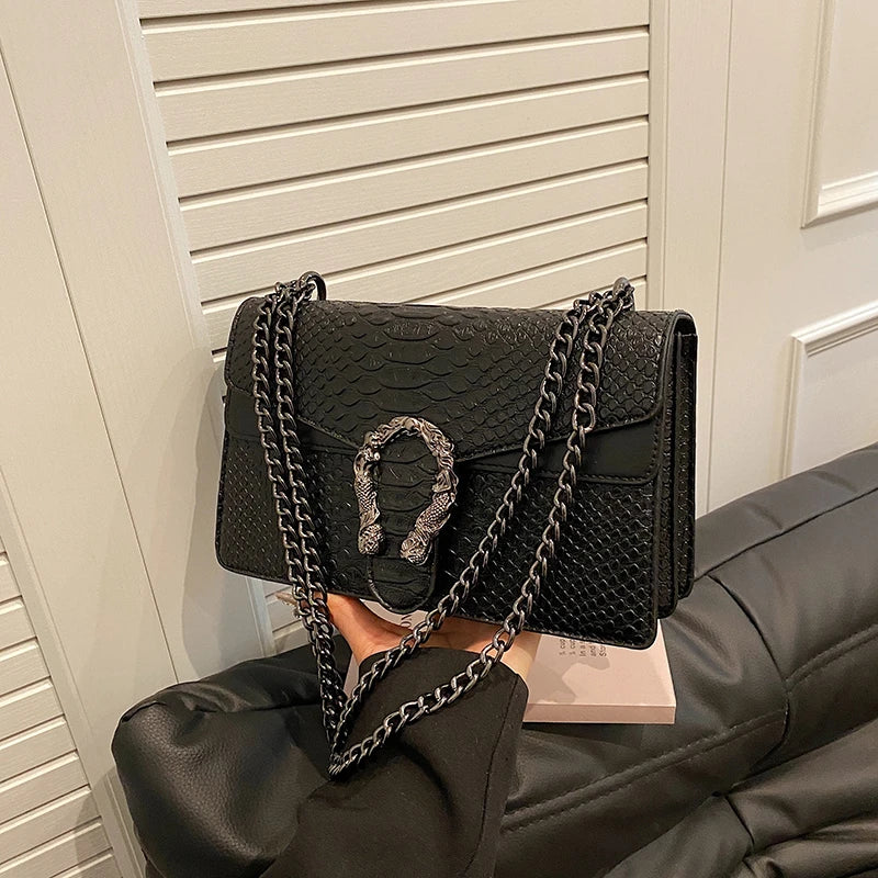 Sac à bandoulière pour femmes style rétro, motif serpent, petit sac carré, accessoire tendance