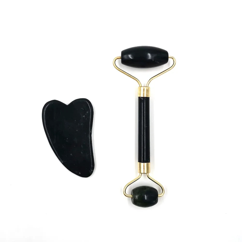 Rouleau de massage en obsidienne de jade et grattoir Gouache pour le visage, outils de soin de la peau, masseurs et rouleaux de beauté naturels pour le corps et le dos