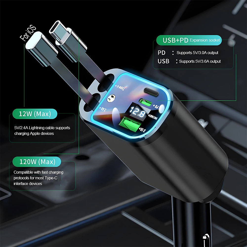 شاحن سيارة قابل للسحب من KEBIDUMEI M4 كابل شحن سريع 5 في 1 مع منفذ USB PD ضوء نجمي محول طاقة من النوع C شواحن هواتف