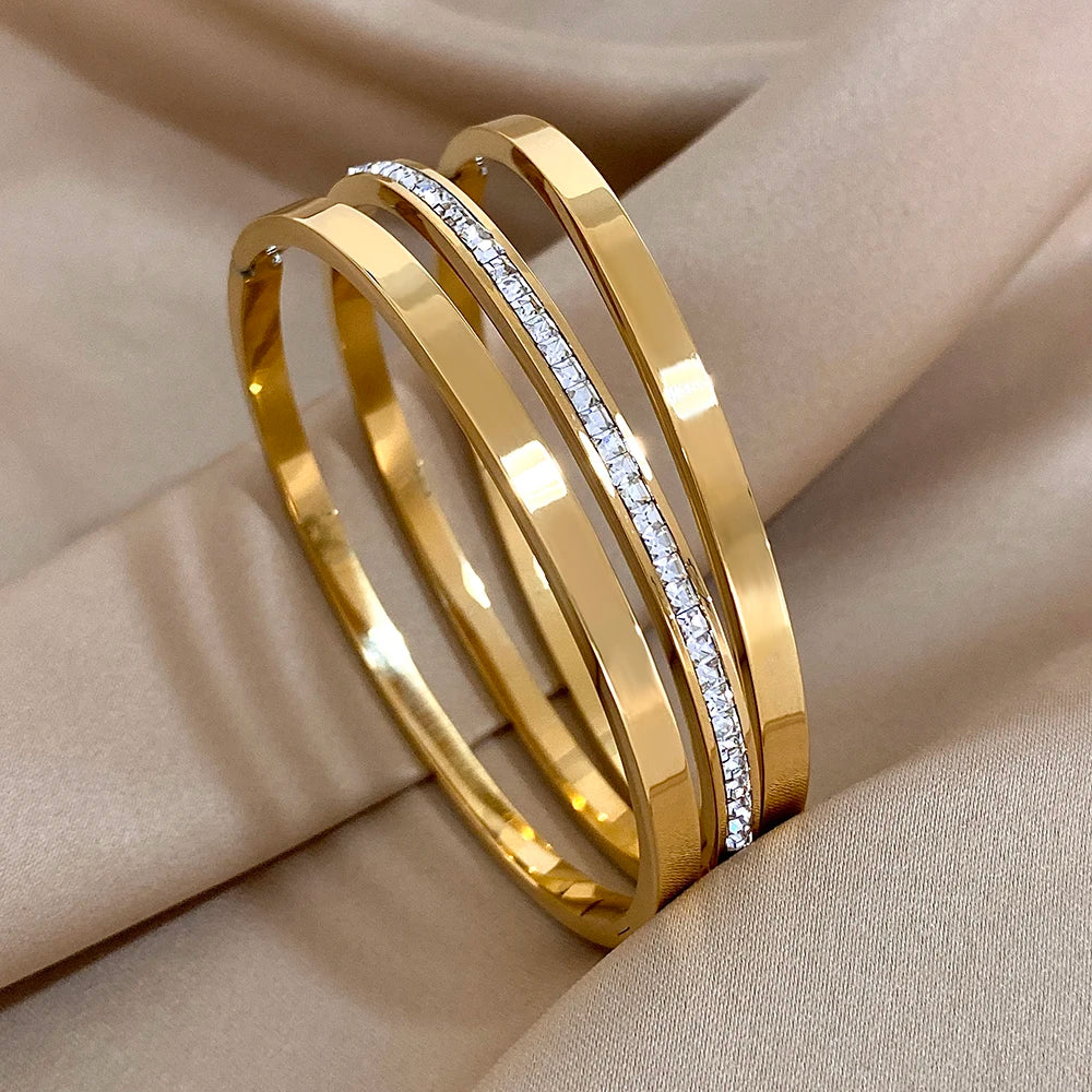 Lot de 3 bracelets jonc en acier inoxydable couleur or uni pour femmes, empilables, étanches, cadeaux de bijoux