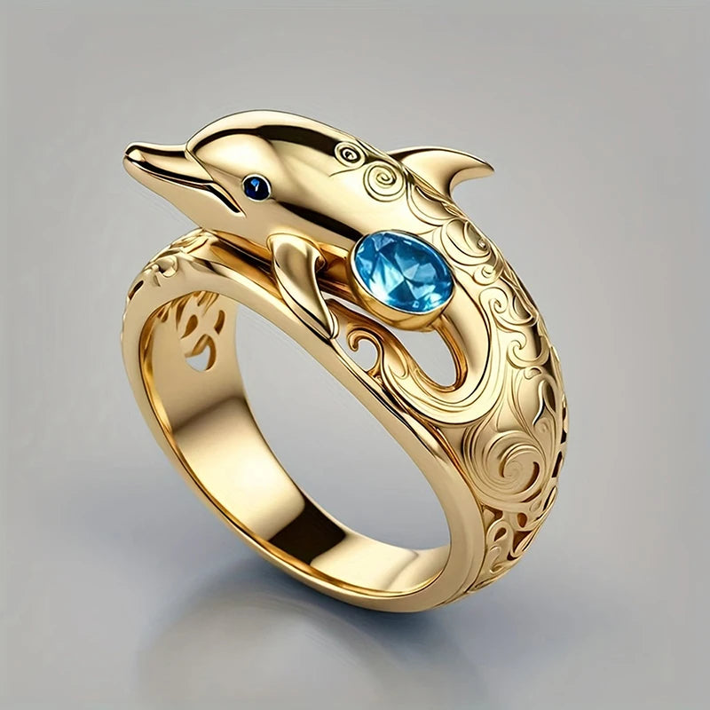 Bagues pour femmes Huitan au design chic de dauphin Bagues animales océaniques avec zircon cubique bleu Cadeaux Bijoux de mode à porter au quotidien