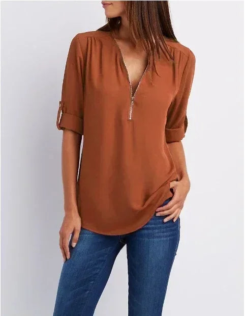 Chemise ample d'été pour femmes Col en V profond Blouse en mousseline Décontracté Tops pour femmes Sexy Fermeture éclair Pull Grande taille Manches longues Tendance