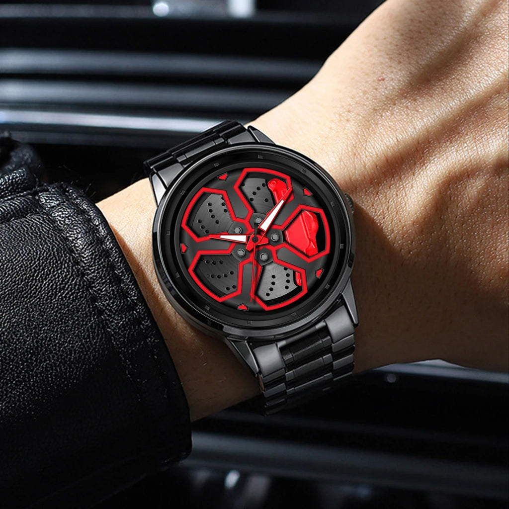 VA VA VOOM Brand Men Creative Wheel Turntable Watch Stainless Steel Black Quartz Movement 42mm Waterproof Sports Gift Wristwatch