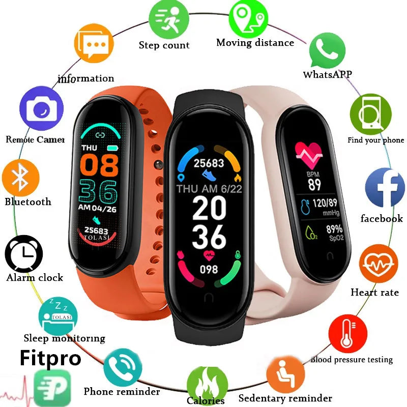 M6 Montre Connectée Homme Femme Bracelet Intelligent Sport Fitness Cardiofréquencemètre Tensiomètre Étanche Montres Multifonctions