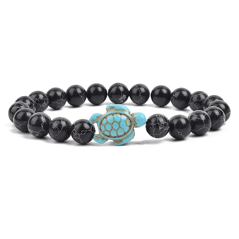 Bracelet perles tortues de mer 8 mm Turquoise Pierre Naturelle Élastique Extensible Femmes Hommes Amitié Bijoux d'Été Plage Cadeaux